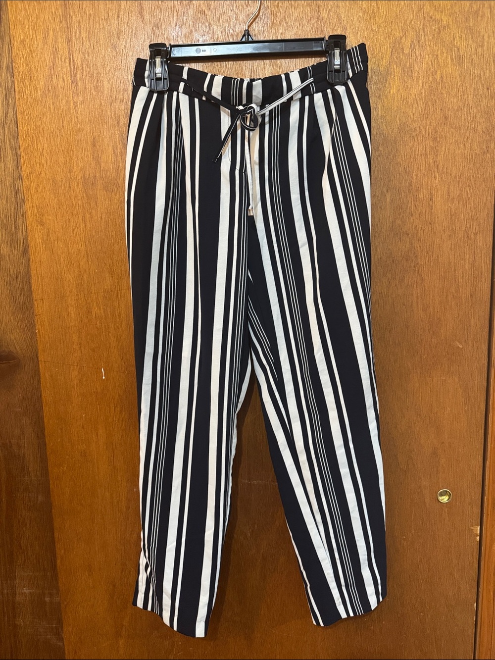 Navy and White Vertical Stripe Paperbag Waist Pants